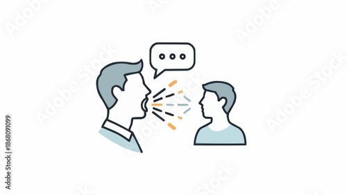 Two people communicating with speech bubbles and sound waves.