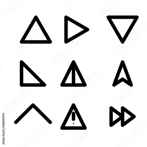 Set of Minimalist Geometric Triangle Icons and Arrow Symbols in Black Line Art Style for Web and App Navigation