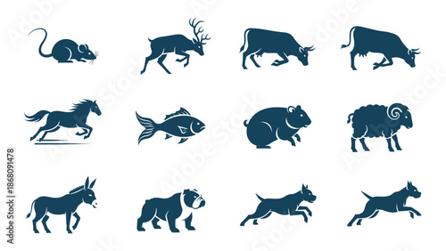 A collection of various animal silhouettes, including farm, wild, and domestic creatures