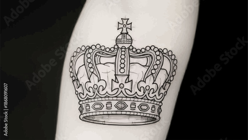 Detailed black and white crown tattoo design on skin.