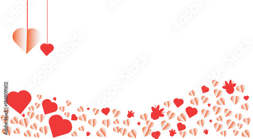 Minimalist romantic background template with scattered red hearts and decorative elements