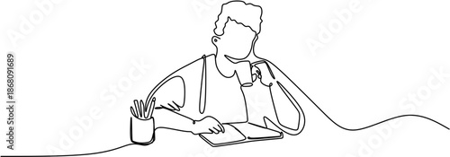 Continuous one line drawing of a man sitting at a desk, drinking coffee while reading a book. Minimalist student or freelancer working at workspace. Vector illustration.