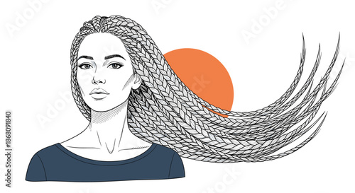 Stylized illustration of a woman with long elaborate braided hair flowing in the wind against a large orange sun background.