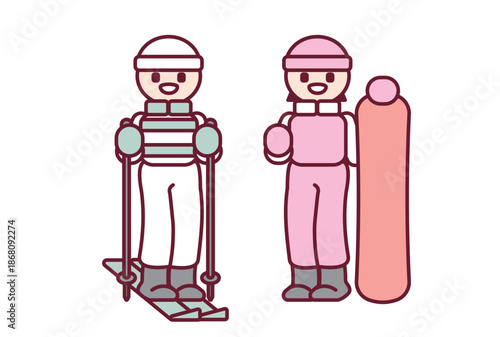 スキーとスノボを楽しむ笑顔の子どものイラスト