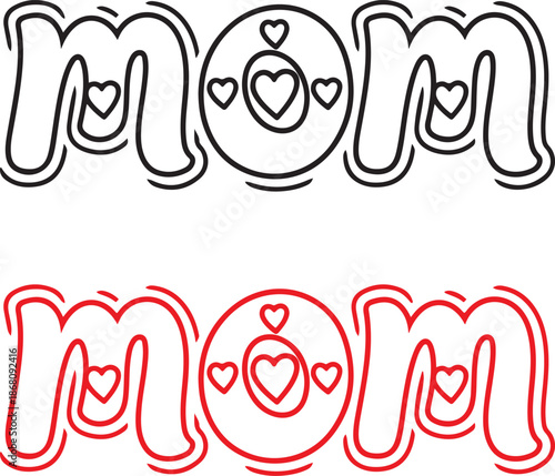 Decorative mom word art with heart details in two vibrant outline color options