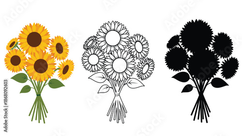 Three bouquets of sunflowers in different styles and colors on white background
