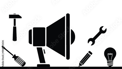 A collection of tools and a megaphone on a white background