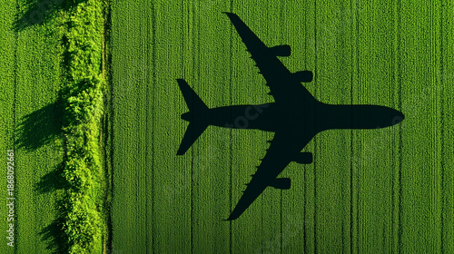 A large airplane is flying over a field of green grass