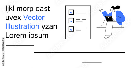 Productivity, organization, task management, remote work, digital tools, efficiency. Minimal scene with a task list and person holding a laptop. Productivity and task management concept