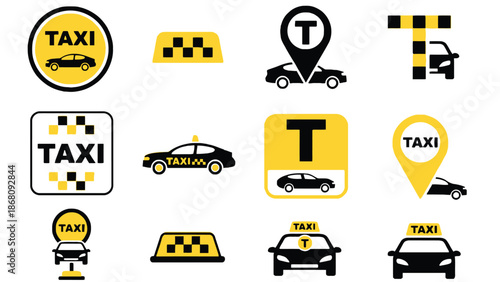 A collection of various taxi signs and logos on a white background