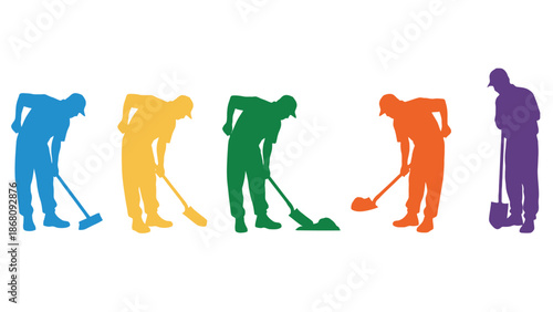 A group of colorful silhouettes of people cleaning with various tools