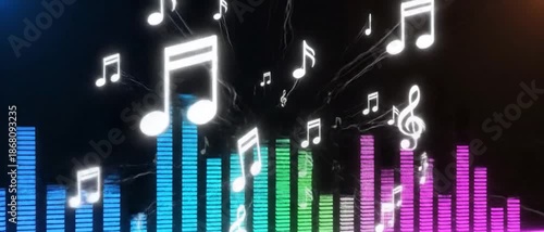 Musical Notes Emerging From Abstract Sound Spectrum Bars Creating Modern Digital Music Visualization Animation Art