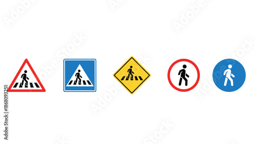A collection of pedestrian crossing signs on a white background