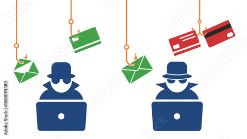 Two hackers using laptops to steal credit card information and emails