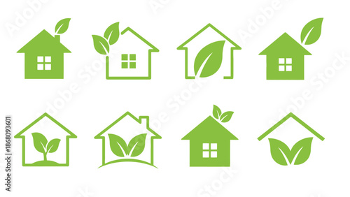 A collection of green eco-friendly house icons with leaves on a white background