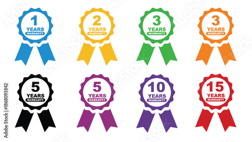 A collection of colorful warranty ribbons with various years of guarantee
