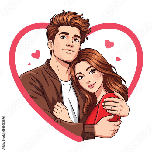 Young couple hugging inside heart, isolated on white background