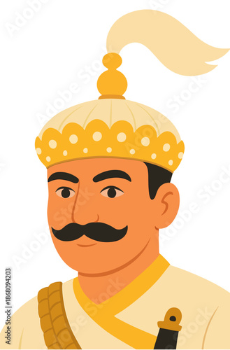 Portrait of King Prithvi Narayan Shah, Nepalese royal leader avatar in traditional crown and mustache.