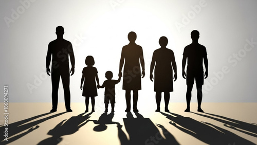A vector graphic illustration of a family in silhouette standing together