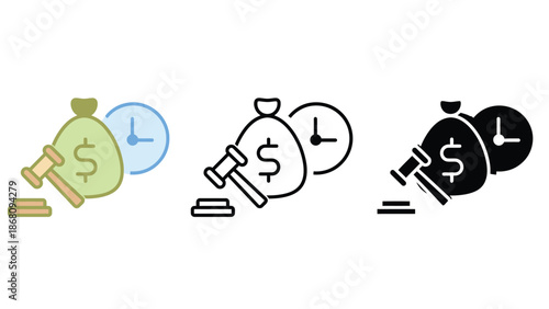 A set of icons depicting time sensitive financial auctions and bidding