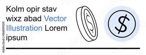 Finance, economy, banking, currency exchange, monetary value, wealth management. A dollar sign coin in a circular blue outline and a tilted coin icon. Currency exchange and finance concept