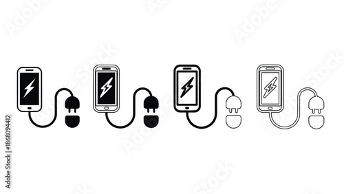 A series of smartphones connected to charging cables and earbuds in a line