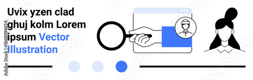 Focus on a magnifying glass analyzing a profile card, showing a user icon and text, with a female portrait, circular markers, and layout lines. Ideal for recruitment, search concepts, analysis
