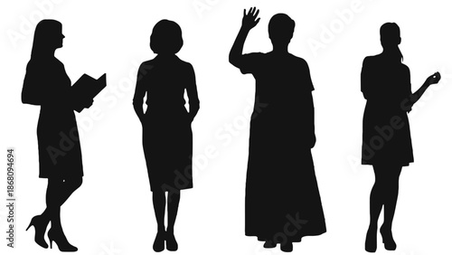 Four silhouetted businesswomen in various poses on a white background