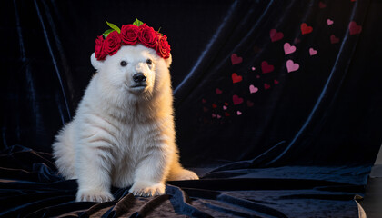 Adorable polar bear cub wearing a red flower crown on a black background.