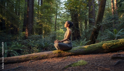 A person meditates in a lush forest, sitting in a lotus position on a fallen log. The soft, natural light highlights the calm serenity of the scene.