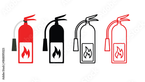 Four fire extinguishers in different colors on a white background