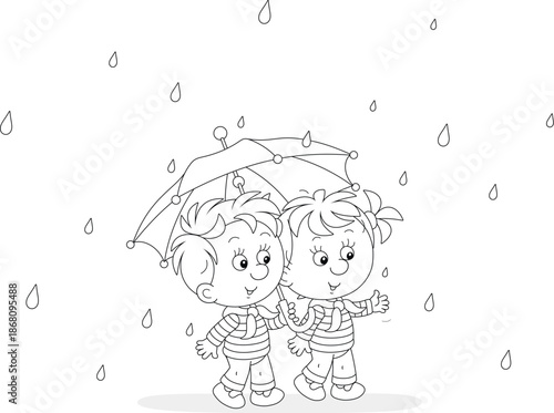 Funny little girl with her small kitten sitting on a windowsill by a window in a nursery room with scattered toys and talking friendly on a sunny summer day, black and white vector cartoon