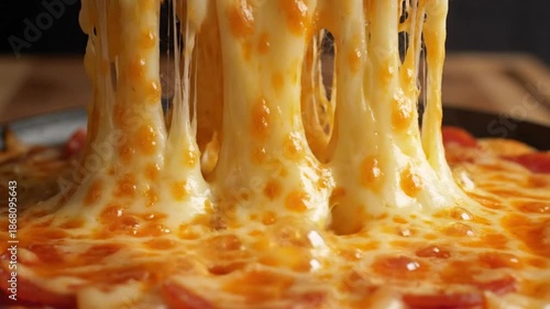 Close-up shot of hot melted cheese being lifted off a pizza, creating a delicious cheese pull effect