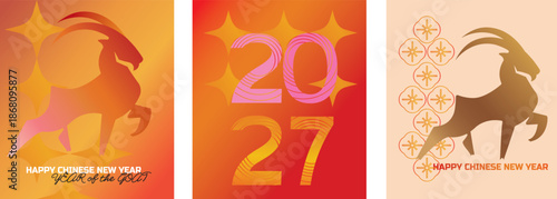 Chinese Year of the Goat. New Year 2027 Goat modern abstract banner featuring a stylized , festive stars, ornament for holiday greetings, Chinese zodiac themes.
