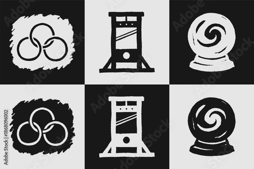 Vector Set of 3 Hand Drawn Doodle Icons: Guillotine, Crystal Ball, and Interlocking Rings