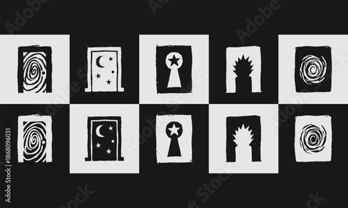 Vector Set of 5 Abstract Icons: Distressed Doors, Keyholes, and Cosmic Symbols