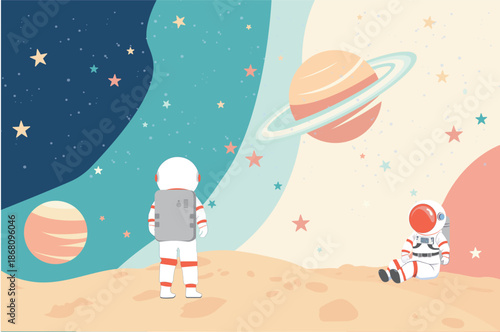 Vector soft pastel space landscape  astronauts relaxing on an alien planet beneath a sky full of stars and rings