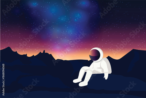 Vector astronaut sitting on a rocky cliff, resting under a vast, star-filled sky. The soft twilight paints colors across the dark night sky