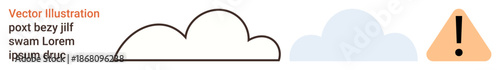 Weather symbols, safety notification, communication design, alert system, cloud services, digital design. Outline and solid cloud icons, warning triangle placeholder text. Weather and safety