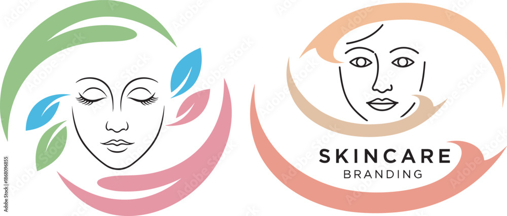 Fototapeta premium Two minimalist female face with pastel green blue pink and peach abstract swirls for skincare branding