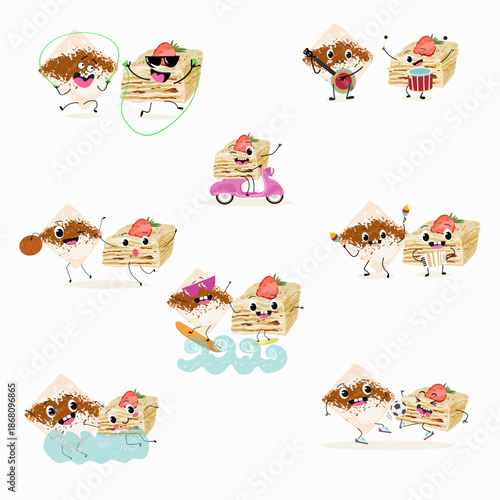 Funny Characters Turkish Tavuk Gogsu, Gullach, dessert, Eastern sweets. Hand drawn vector illustration.