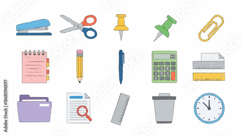 Office Supplies and Stationery Items Illustration Collection.