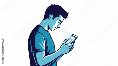 Young man looking at his smartphone screen with a focused expression.