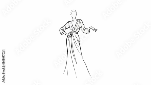 Fashion sketch of a woman in a long flowing dress.