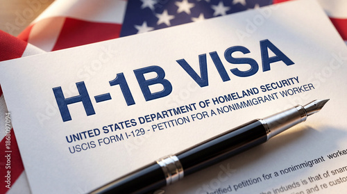 H-1B Visa Document: This image showcases an official H-1B visa application form, symbolizing opportunities for nonimmigrant worker within a country's boundaries. A pen rests atop the document.