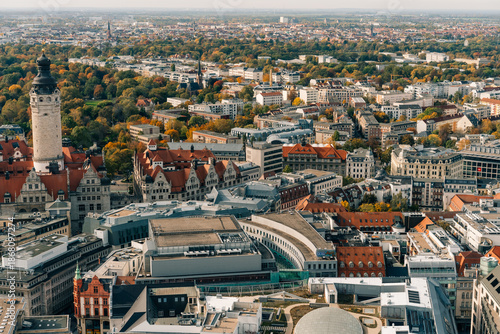 The drone aerial view of Leipzig, Germany. Leipzig is the largest city in the German federal state of Saxony