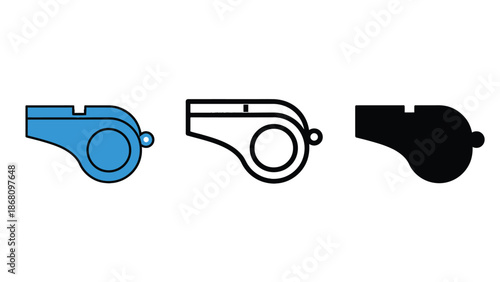 Three different colored referee whistles side by side
