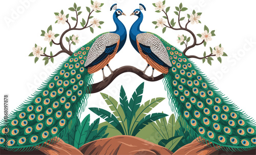 Elegant twin peacock vector illustration with vibrant feathers perched on a flowering branch for decoration.