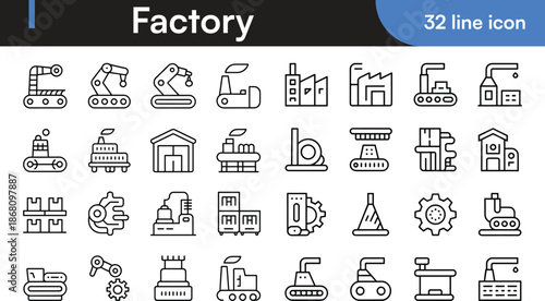 A collection of factory and industrial-related line icons in a grid layout