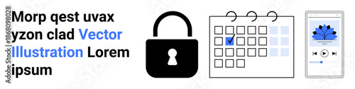 Cybersecurity, task organization, media streaming, online safety, scheduling, data protection. Padlock icon, calendar and smartphone with media player. Cybersecurity and task organization visuals